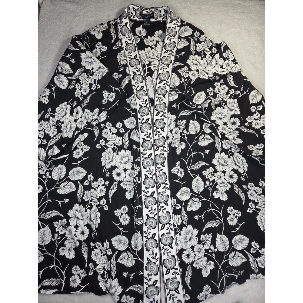 Cynthia Rowley Women 2X Reversible Floral Kimono Blouse Black White Boho Plus